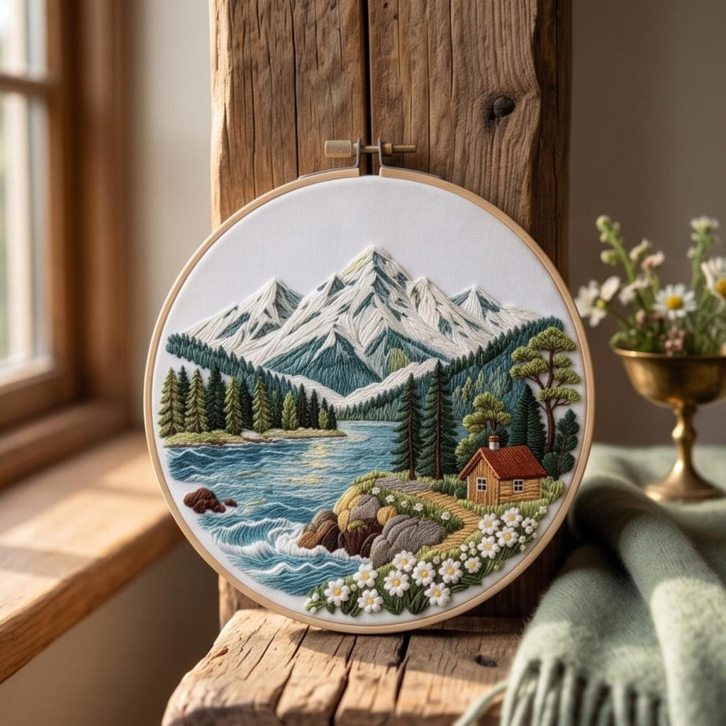Mountain lake embroidery kit finished piece