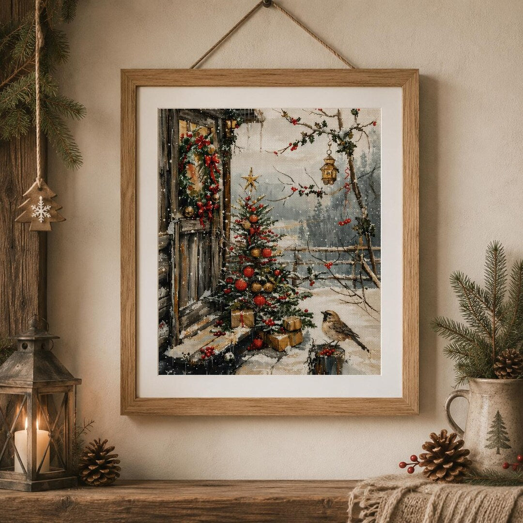 Christmas Cross Stitch Kit for Beginners, Winter Cottage Counted Cross Stitch Kit, Holiday Needlewor