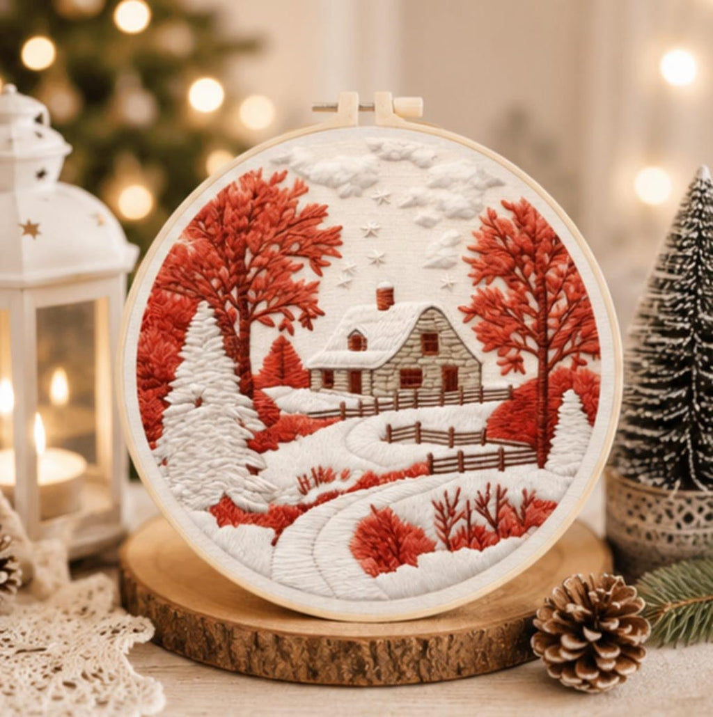 Winter Cottage Embroidery Kit for Beginners, Snowy Cabin DIY Embroidery Kit, Christmas Needlepoint K