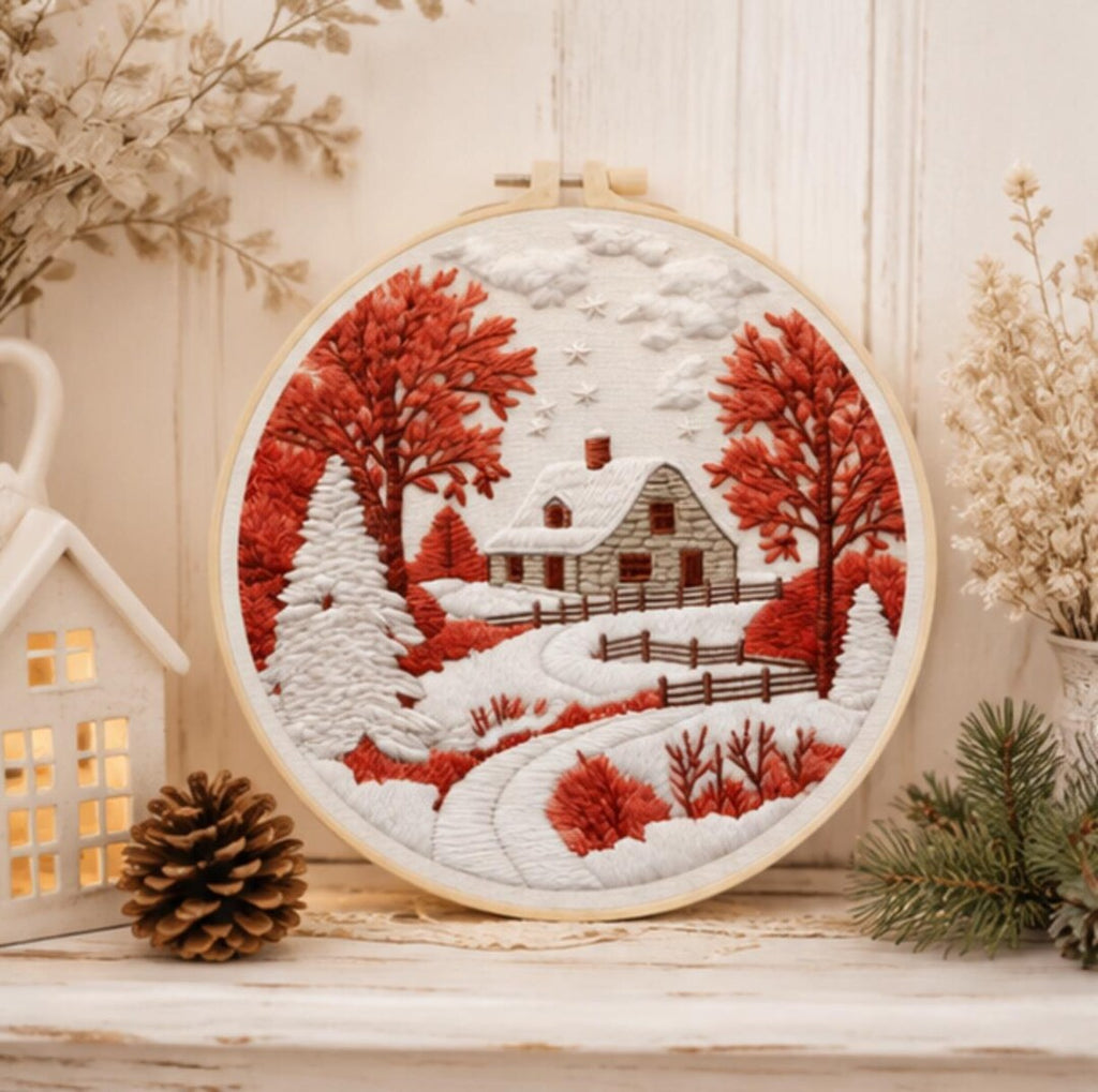 Winter Cottage Embroidery Kit for Beginners, Snowy Cabin DIY Embroidery Kit, Christmas Needlepoint K