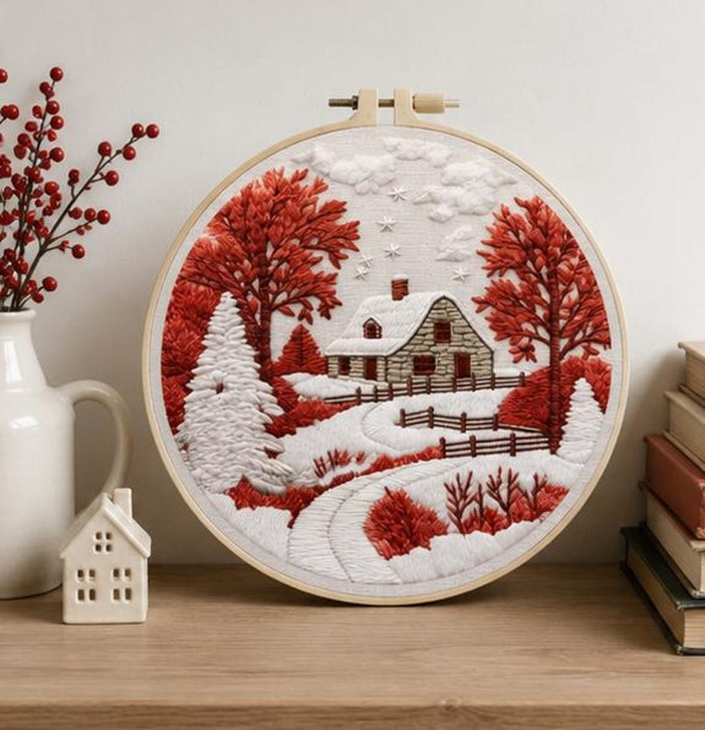 Winter Cottage Embroidery Kit for Beginners, Snowy Cabin DIY Embroidery Kit, Christmas Needlepoint K