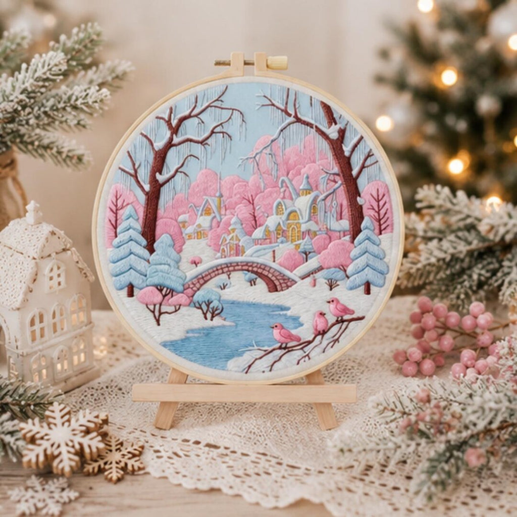 Pink winter village embroidery kit finished piece