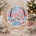 Pink winter village embroidery kit finished piece
