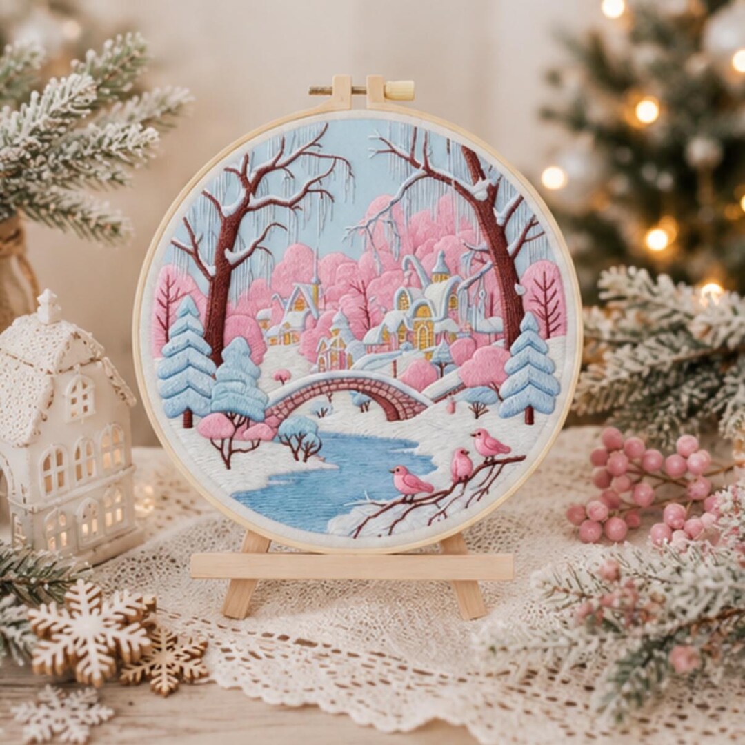 Pink winter village embroidery kit finished piece