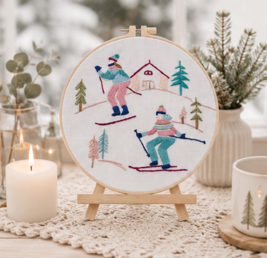 Ski Embroidery Kit for Beginners, Winter Sports DIY Embroidery Kit, Skiing Needlepoint Kit, Cozy Mou