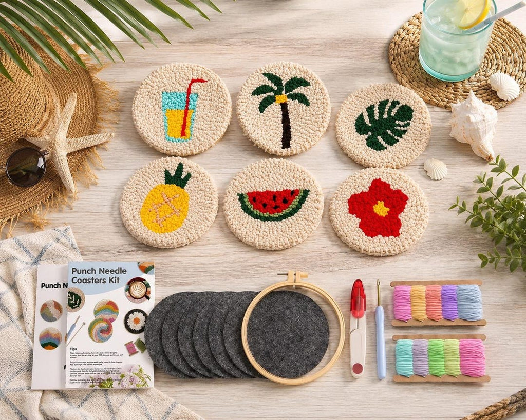 Punch Needle Coaster Kit for Beginners, DIY Tufting Coaster Set, Punch Needle Embroidery Kit, Rug Mu