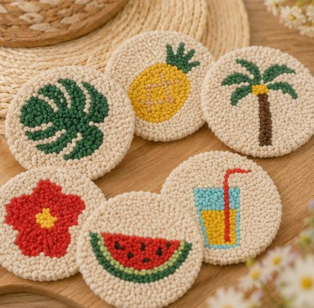 Punch Needle Coaster Kit for Beginners, DIY Tufting Coaster Set, Punch Needle Embroidery Kit, Rug Mu
