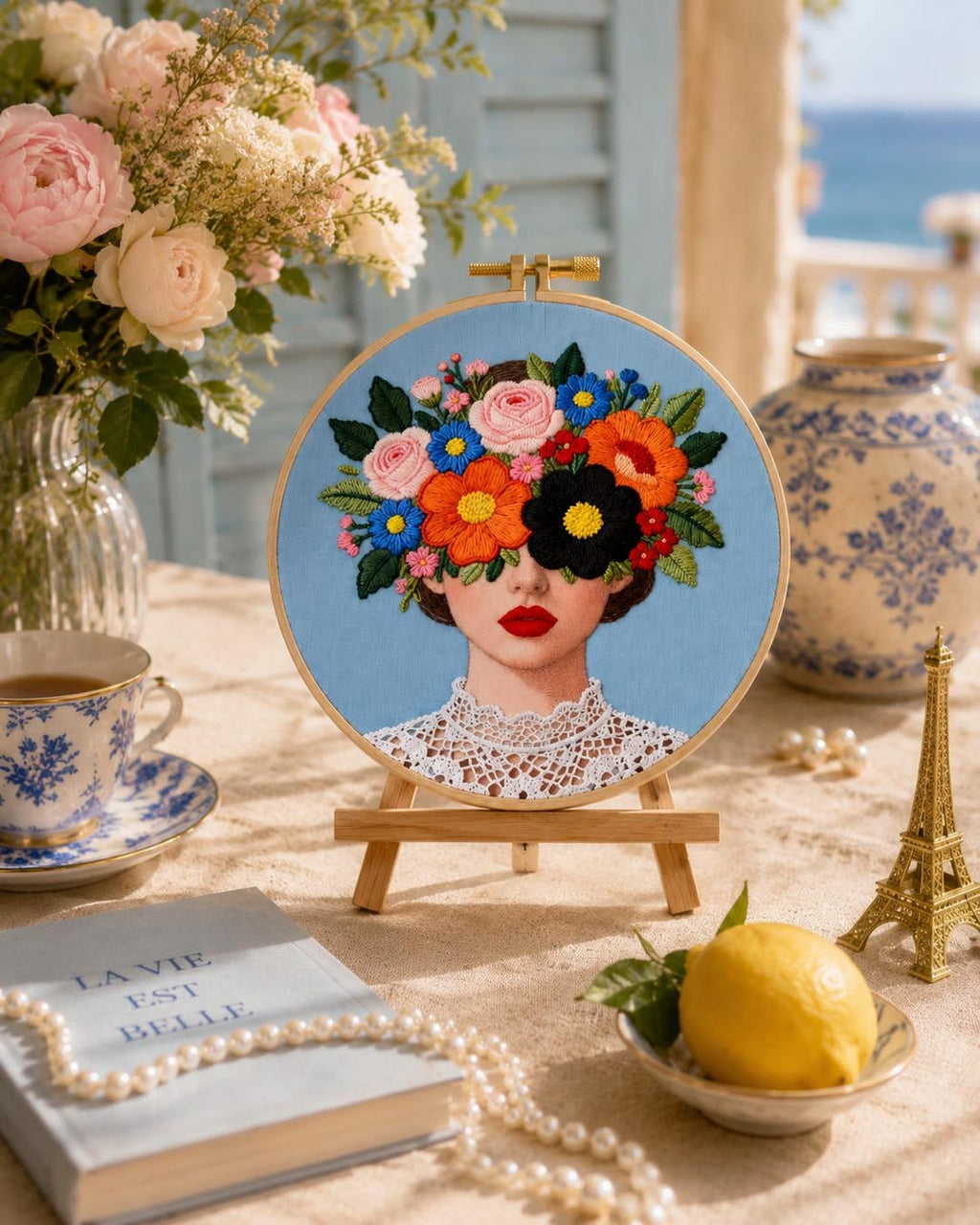 Floral woman embroidery kit botanical portrait