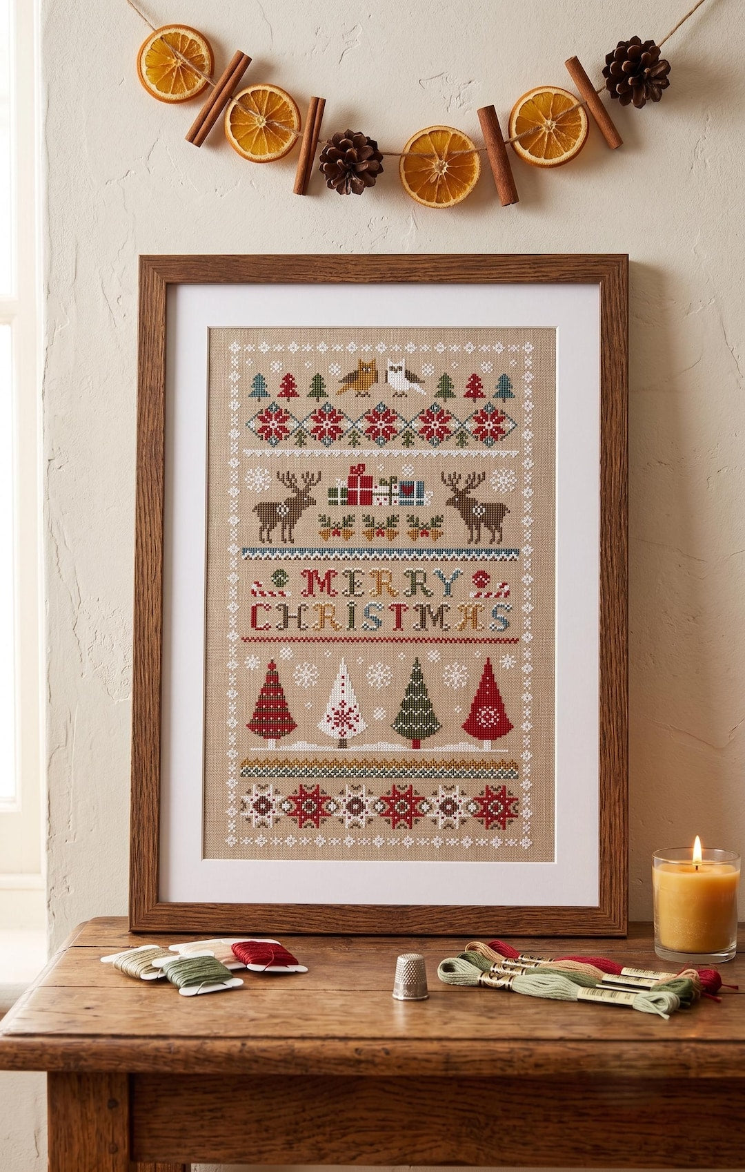 Christmas Cross Stitch Kit, Merry Christmas Embroidery Pattern, Scandinavian Holiday DIY Kit, Winter