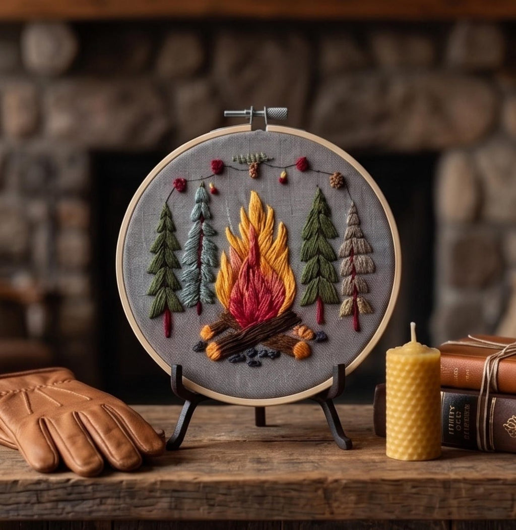 Campfire embroidery kit with woodland design
