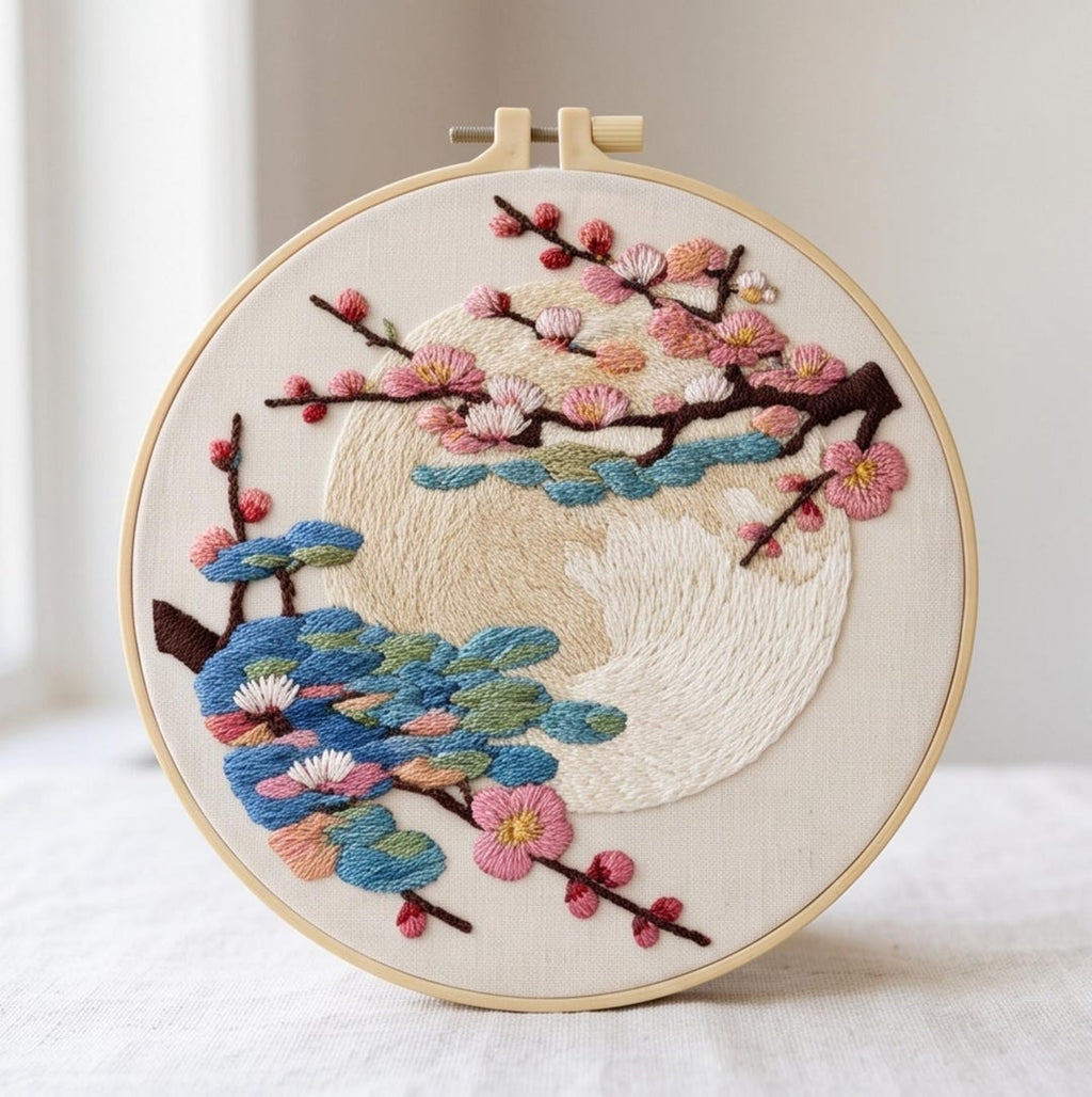 Moon cherry blossom embroidery kit finished hoop art