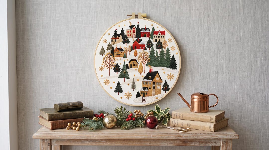 Winter Village Embroidery Kit for Beginners, DIY Embroidery Kit, Snowy Christmas Town Pattern, Holid