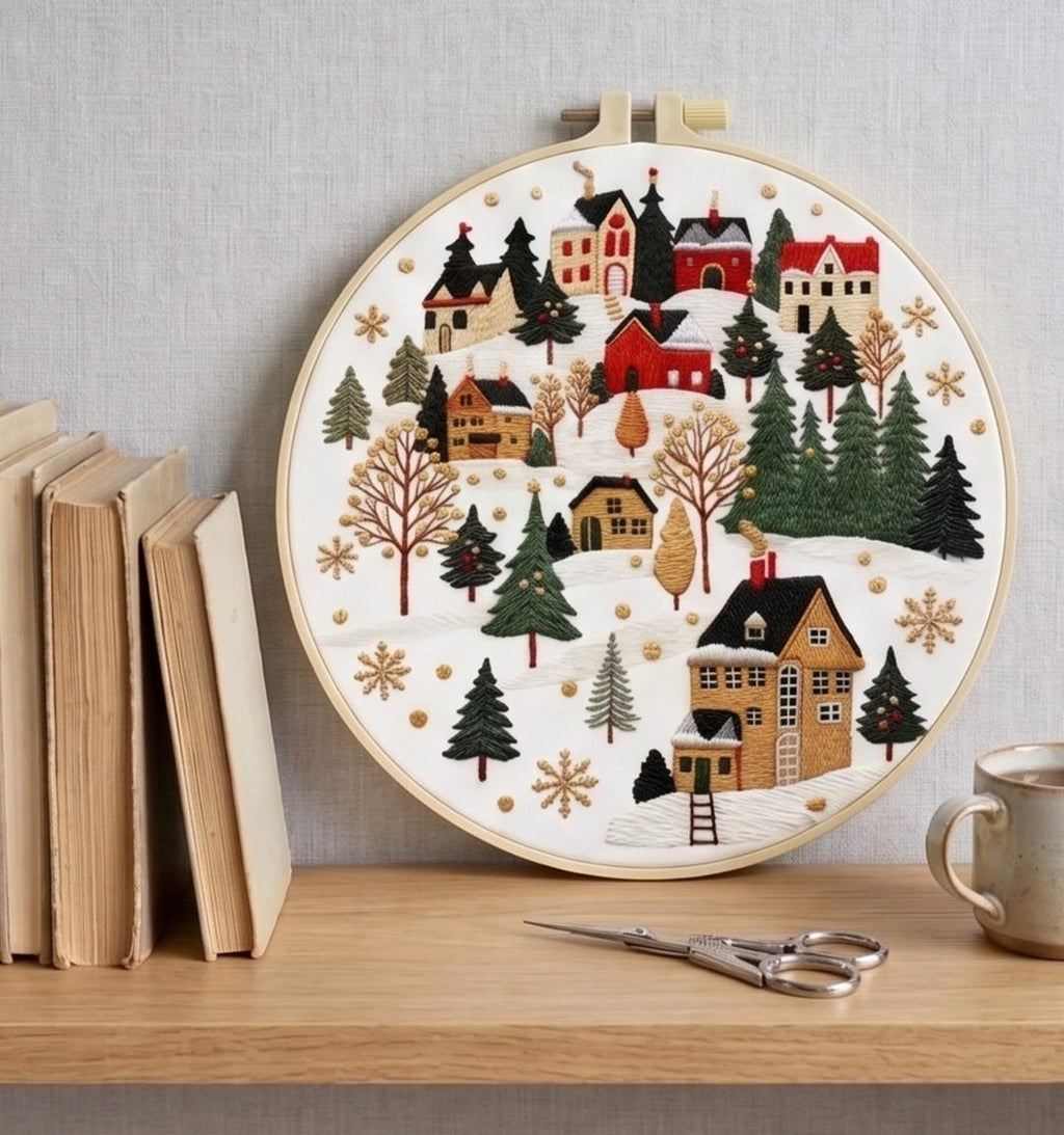 Snowy cottage village embroidery kit finished design