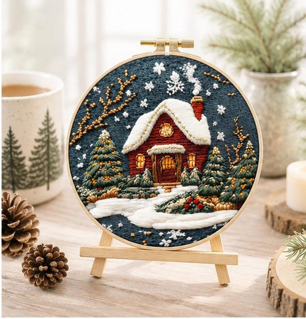 Winter Cottage Embroidery Kit for Beginners, DIY Christmas Embroidery Kit, Snowy Cabin Needlepoint K