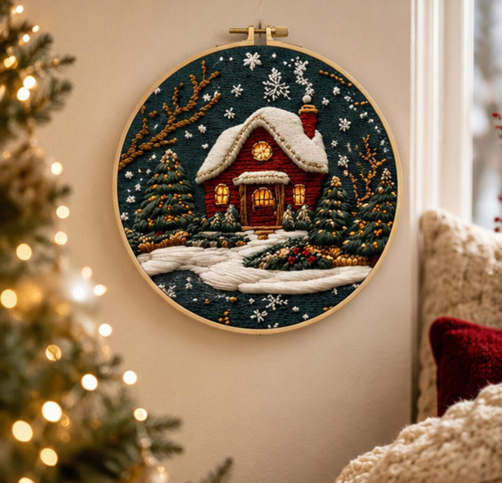 Winter Cottage Embroidery Kit for Beginners, DIY Christmas Embroidery Kit, Snowy Cabin Needlepoint K
