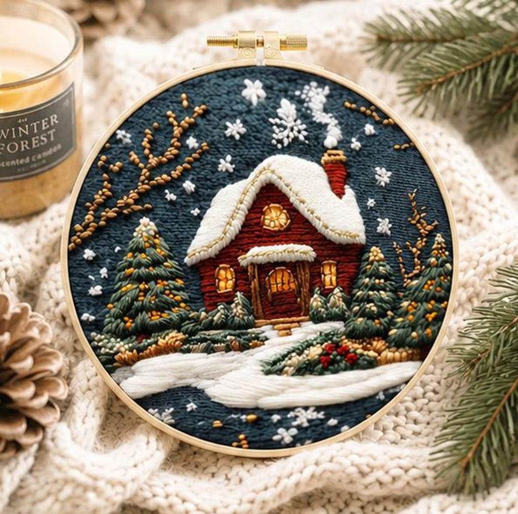 Winter Cottage Embroidery Kit for Beginners, DIY Christmas Embroidery Kit, Snowy Cabin Needlepoint K