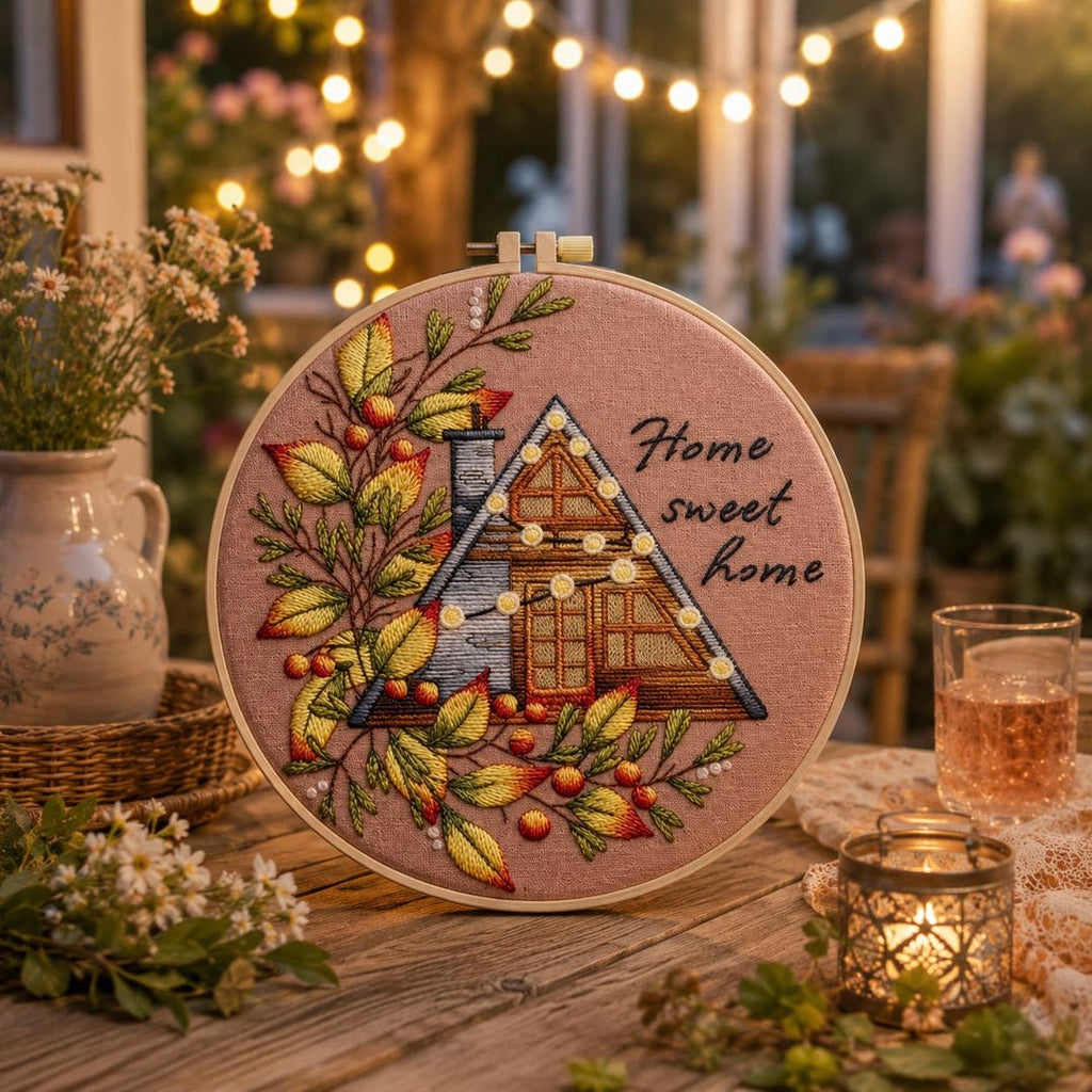 Home sweet home cottage embroidery hoop art