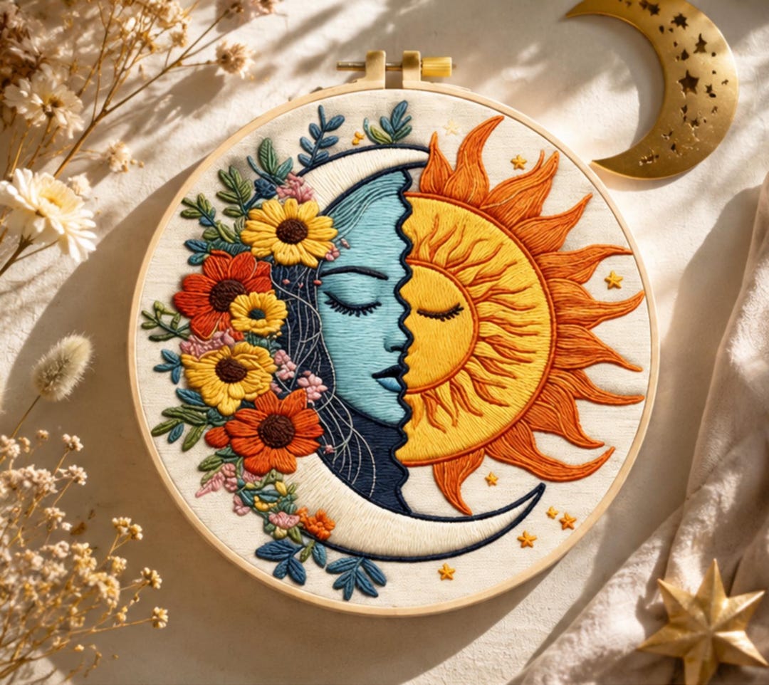 Sun and moon celestial embroidery hoop art