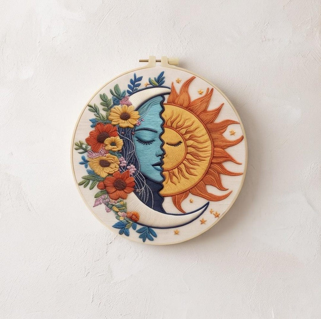 Sun and moon embroidery hoop size options
