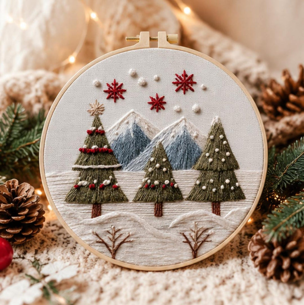 Christmas Tree Embroidery Kit for Beginners, Winter Mountain Embroidery Kit, DIY Snow Landscape Need