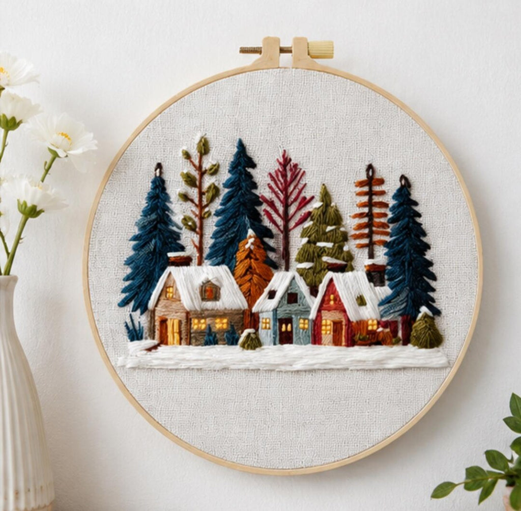 Winter Village Embroidery Kit, Snowy House Embroidery Kit for Beginners, DIY Christmas Cottage Embro