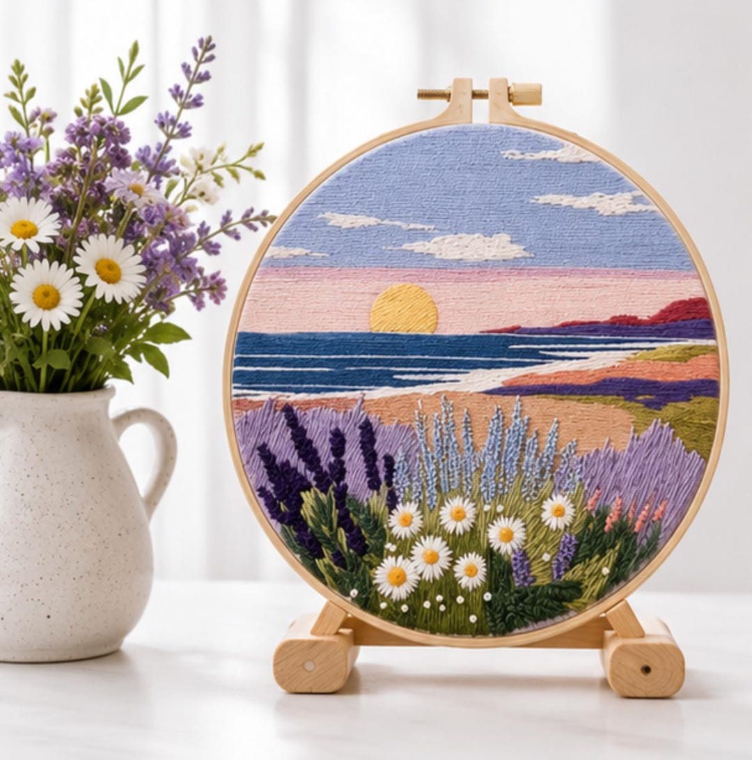 Lavender coast sunset seascape embroidery kit finished piece
