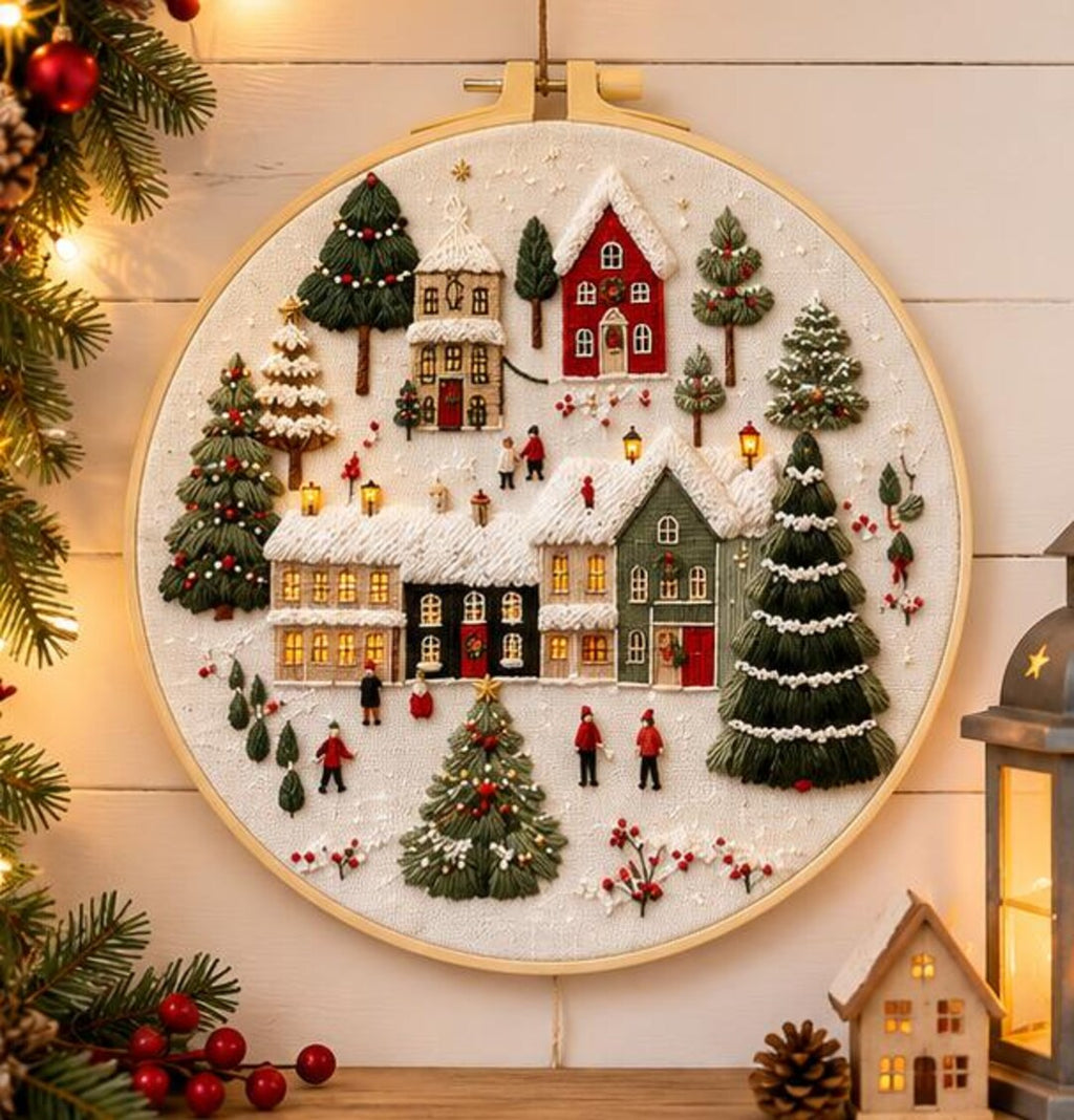Christmas Village Embroidery Kit, Winter Cross Stitch Kit for Beginners, Snowy Cottage DIY Embroider