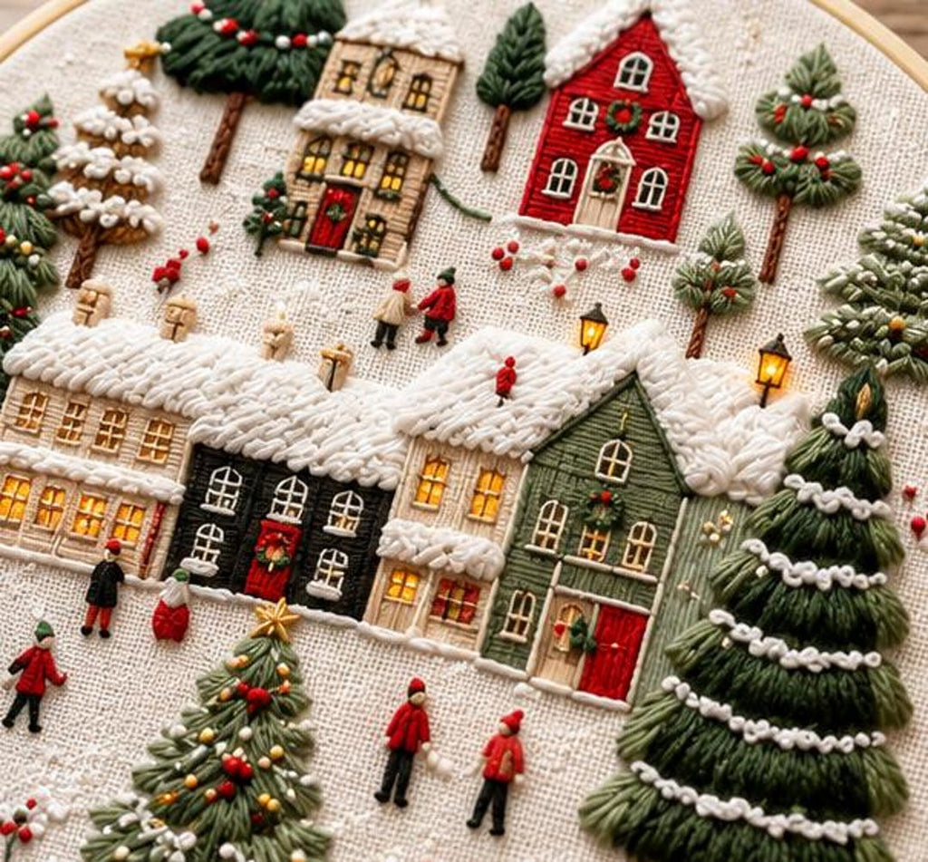 Christmas Village Embroidery Kit, Winter Cross Stitch Kit for Beginners, Snowy Cottage DIY Embroider