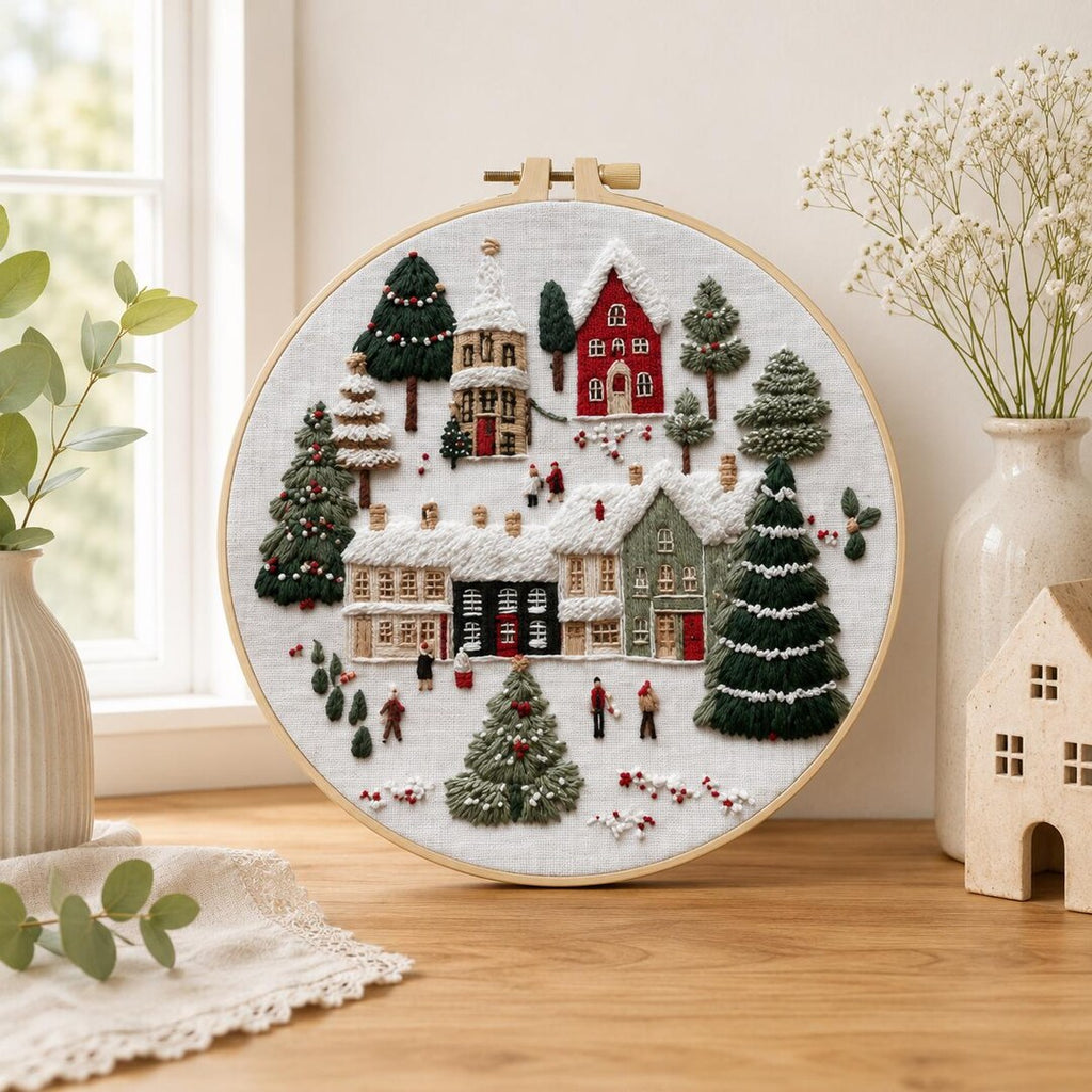 Christmas Village Embroidery Kit, Winter Cross Stitch Kit for Beginners, Snowy Cottage DIY Embroider
