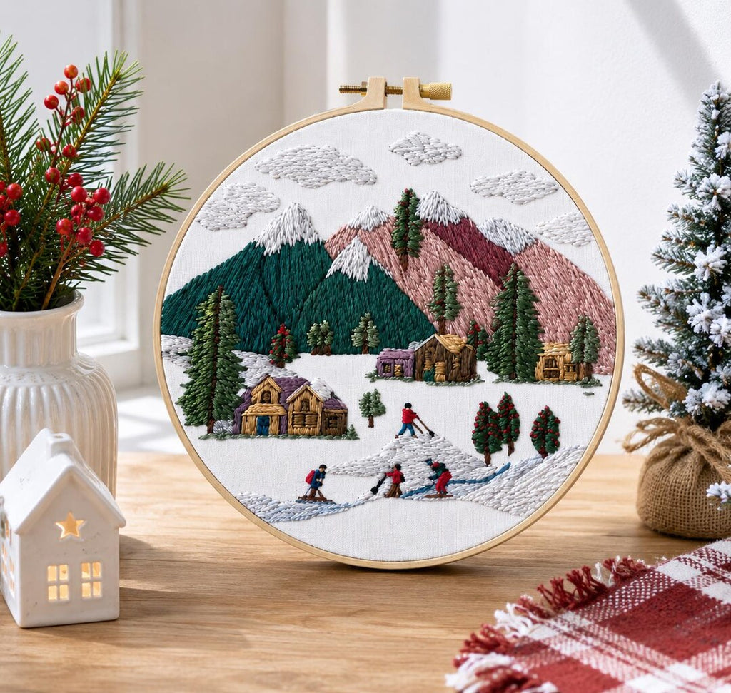Mountain Cabin Embroidery Kit, Winter Cross Stitch Kit, Snowy Ski Village DIY Embroidery for Beginne