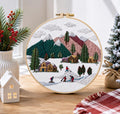 Mountain Cabin Embroidery Kit, Winter Cross Stitch Kit, Snowy Ski Village DIY Embroidery for Beginne