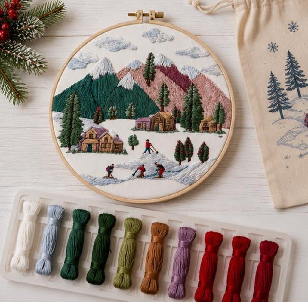 Mountain Cabin Embroidery Kit, Winter Cross Stitch Kit, Snowy Ski Village DIY Embroidery for Beginne