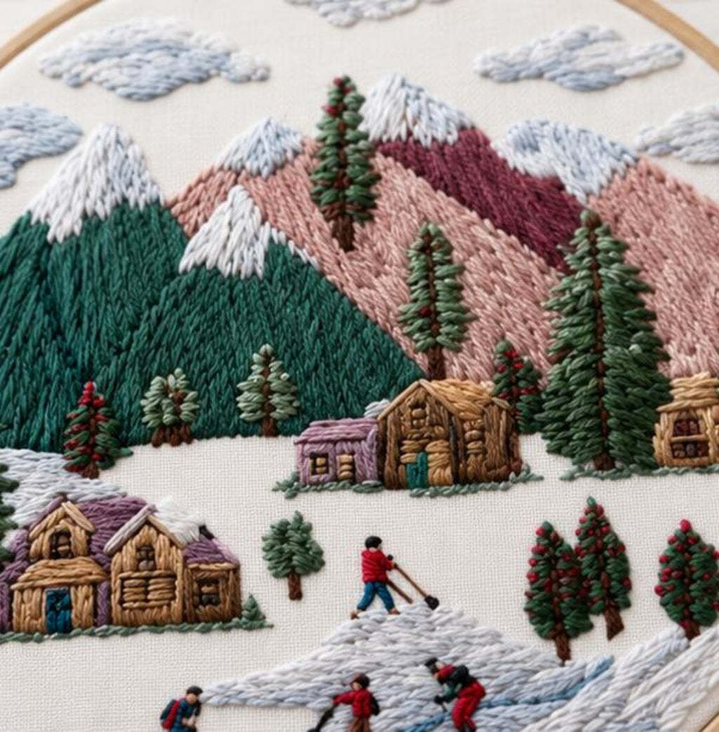 Mountain Cabin Embroidery Kit, Winter Cross Stitch Kit, Snowy Ski Village DIY Embroidery for Beginne