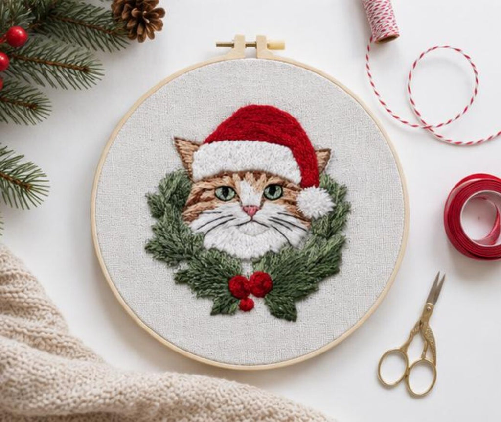 Christmas Cat Embroidery Kit, Cute Cat Cross Stitch Kit for Beginners, Santa Cat DIY Embroidery, Chr
