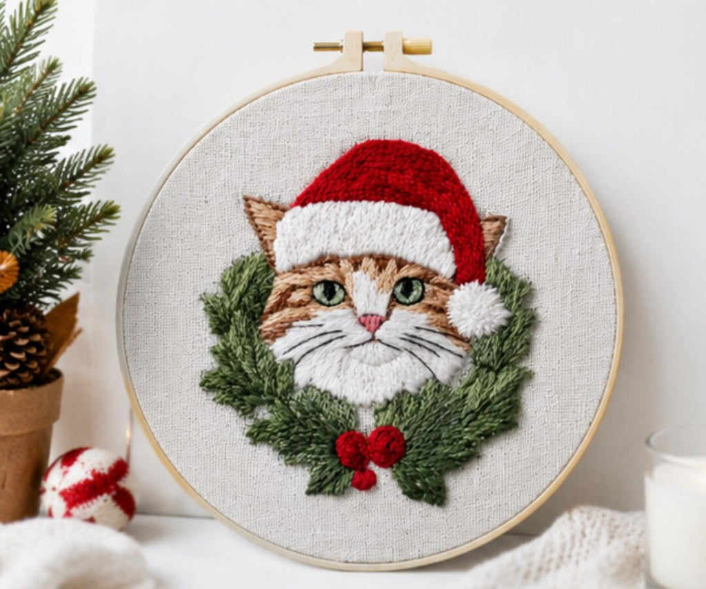Christmas Cat Embroidery Kit, Cute Cat Cross Stitch Kit for Beginners, Santa Cat DIY Embroidery, Chr