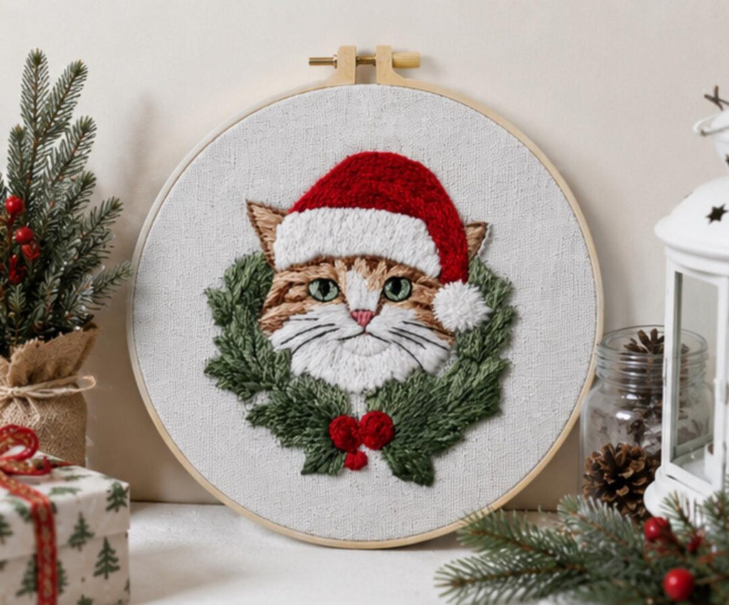 Christmas Cat Embroidery Kit, Cute Cat Cross Stitch Kit for Beginners, Santa Cat DIY Embroidery, Chr