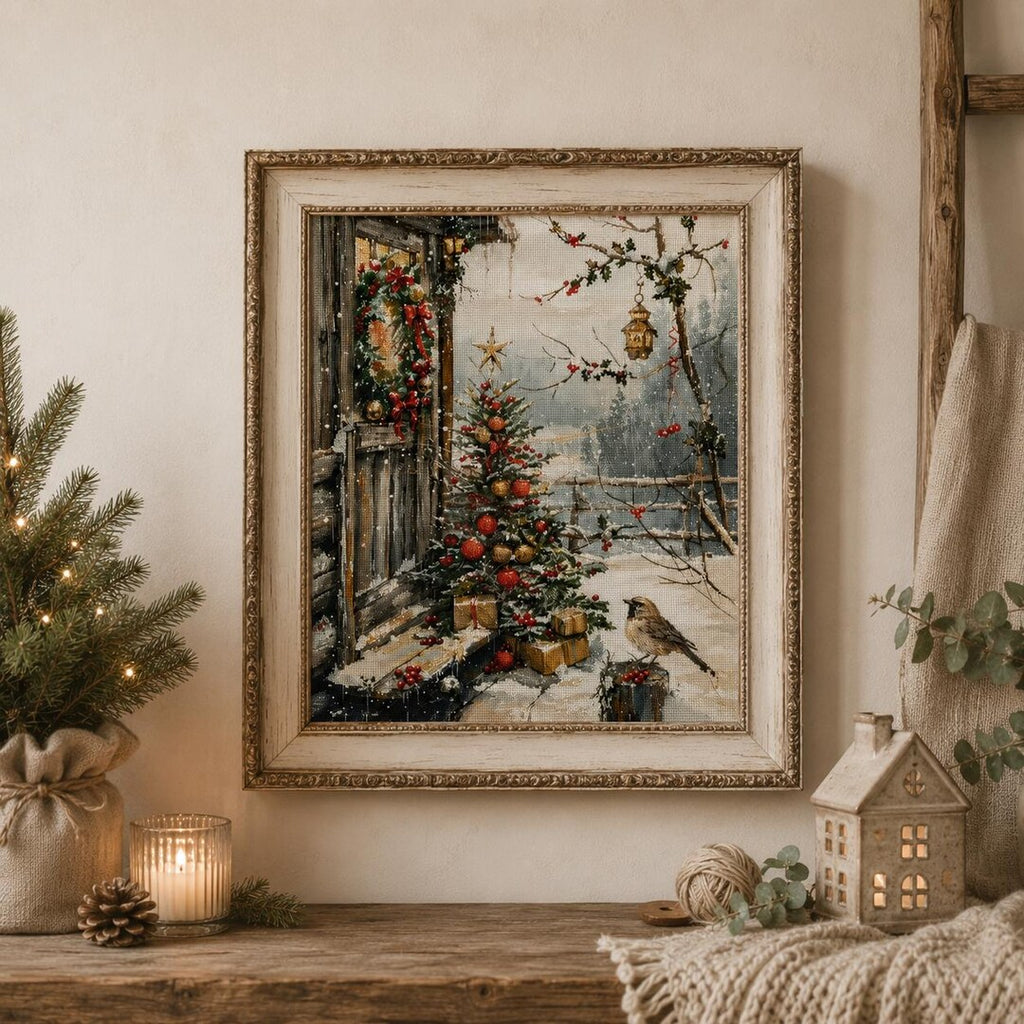Christmas Cross Stitch Kit for Beginners, Winter Cottage Counted Cross Stitch Kit, Holiday Needlewor
