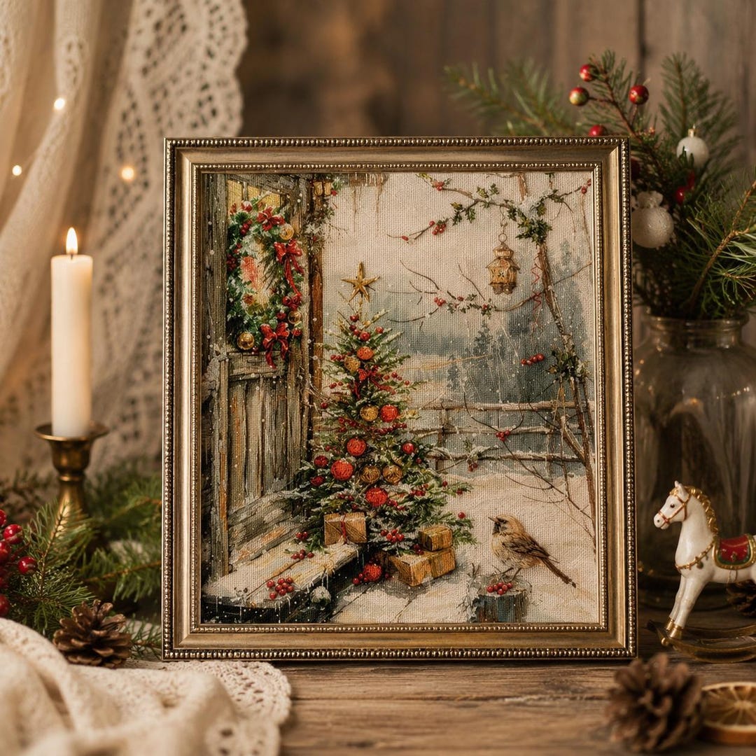 Christmas Cross Stitch Kit for Beginners, Winter Cottage Counted Cross Stitch Kit, Holiday Needlewor