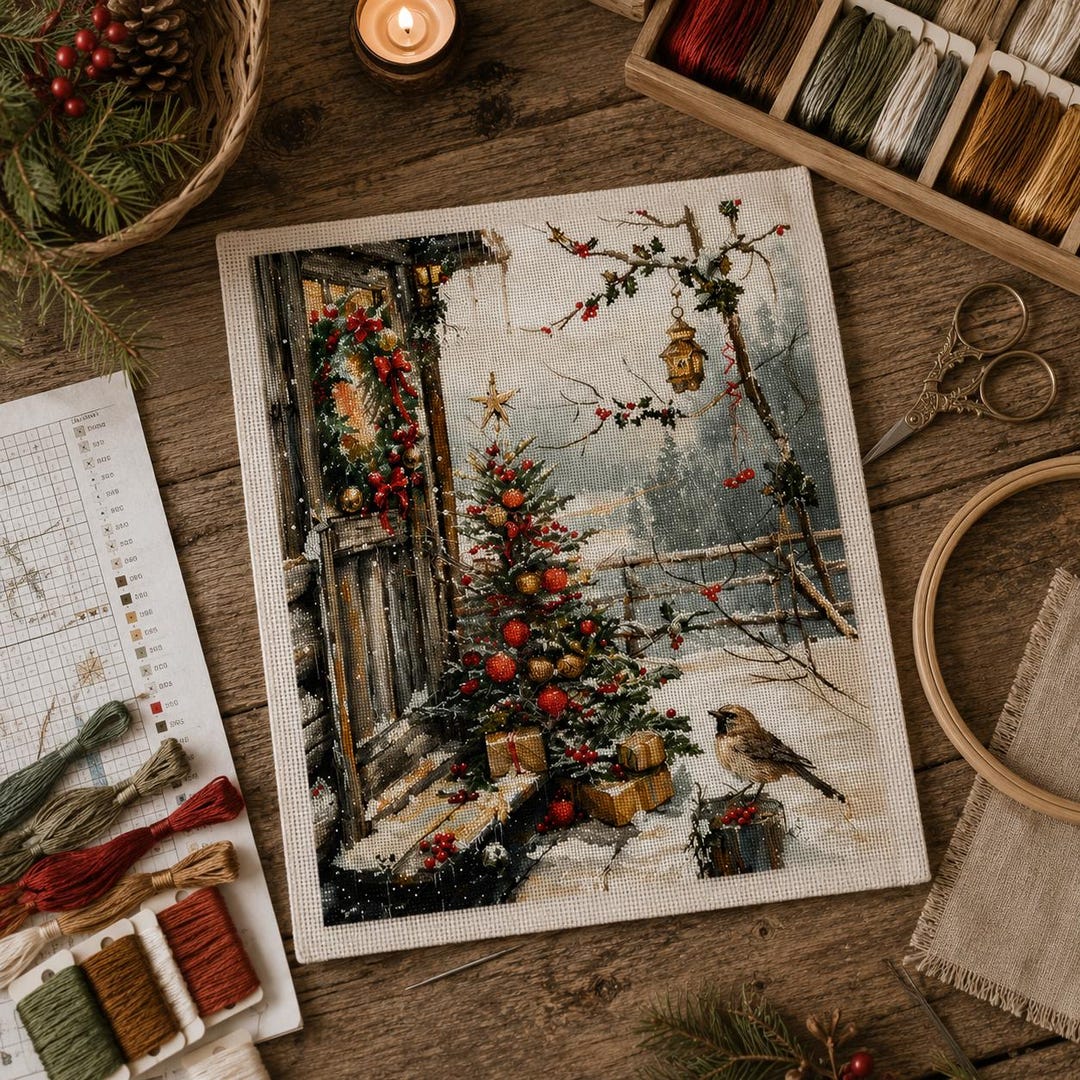 Christmas Cross Stitch Kit for Beginners, Winter Cottage Counted Cross Stitch Kit, Holiday Needlewor