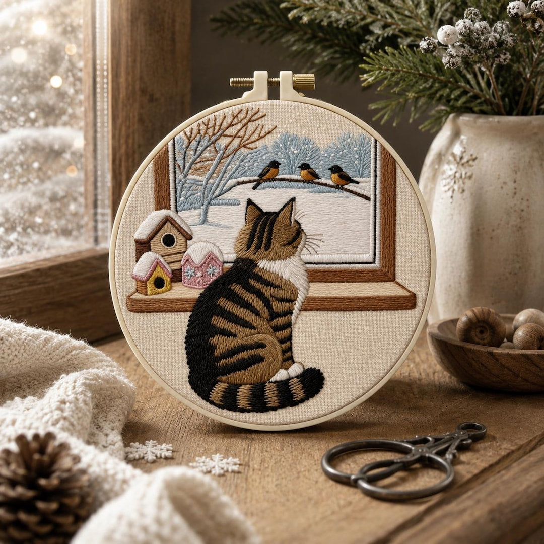 Winter Cat Embroidery Kit for Beginners, Cozy Cat DIY Embroidery Kit, Snowy Window Needlepoint Kit, 