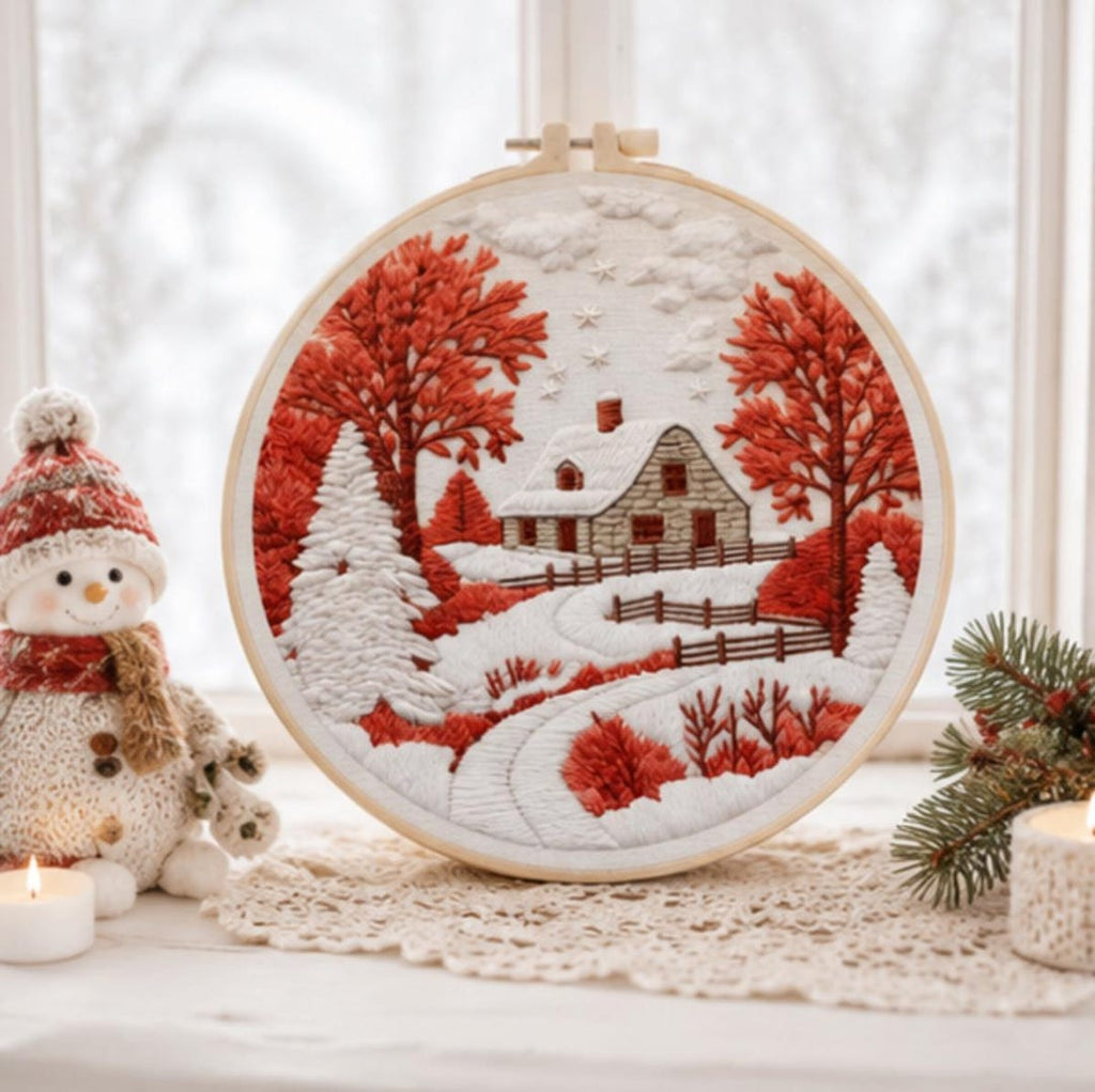 Winter Cottage Embroidery Kit for Beginners, Snowy Cabin DIY Embroidery Kit, Christmas Needlepoint K