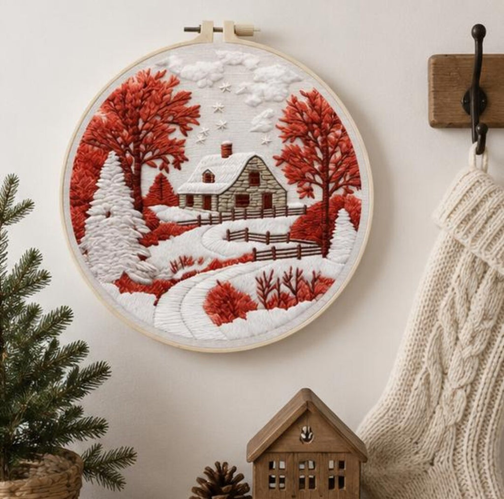 Winter Cottage Embroidery Kit for Beginners, Snowy Cabin DIY Embroidery Kit, Christmas Needlepoint K