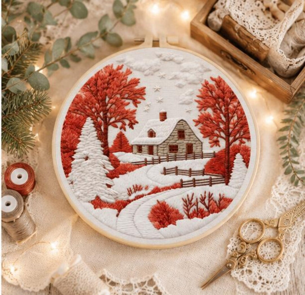 Winter Cottage Embroidery Kit for Beginners, Snowy Cabin DIY Embroidery Kit, Christmas Needlepoint K