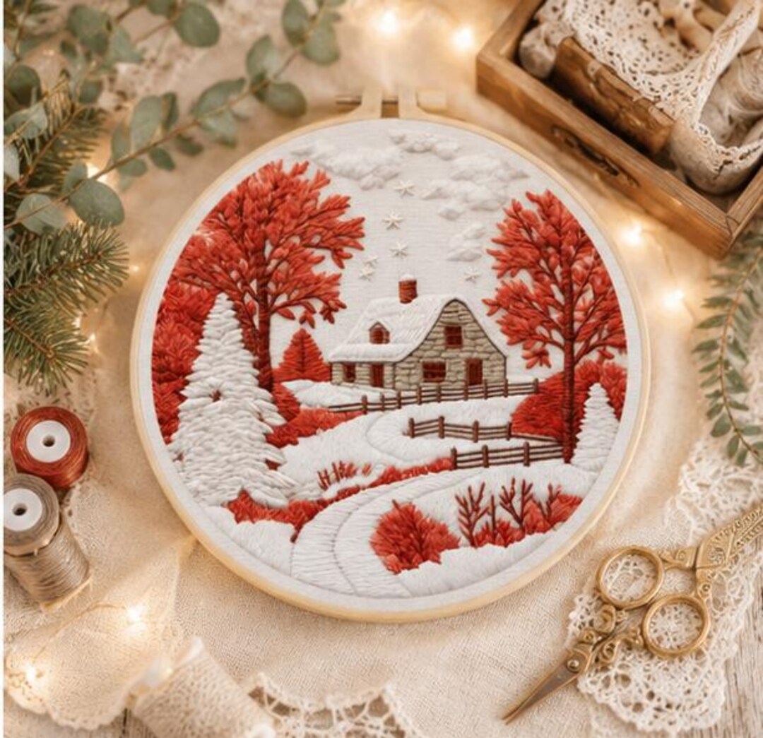 Winter Cottage Embroidery Kit for Beginners, Snowy Cabin DIY Embroidery Kit, Christmas Needlepoint K