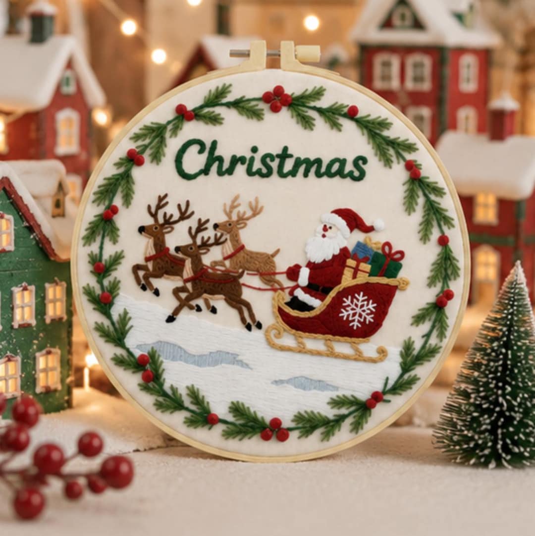 Santa sleigh embroidery kit finished piece