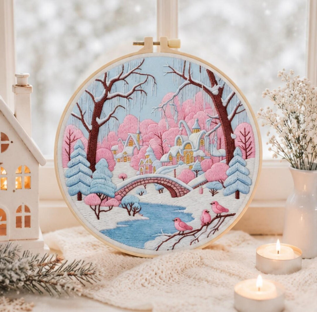 Pink winter village embroidery kit contents