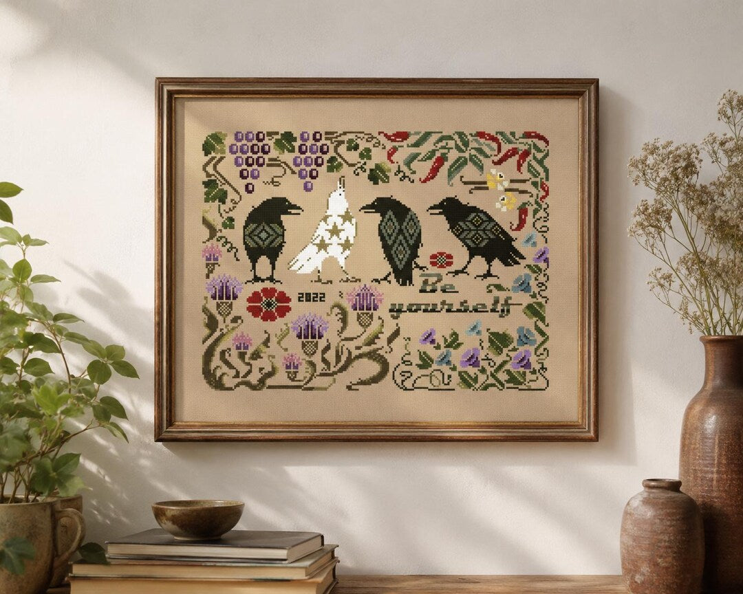 Cross Stitch Kit, Raven Embroidery Kit, Gothic Sampler Pattern, Primitive Folk Art, Counted Cross St