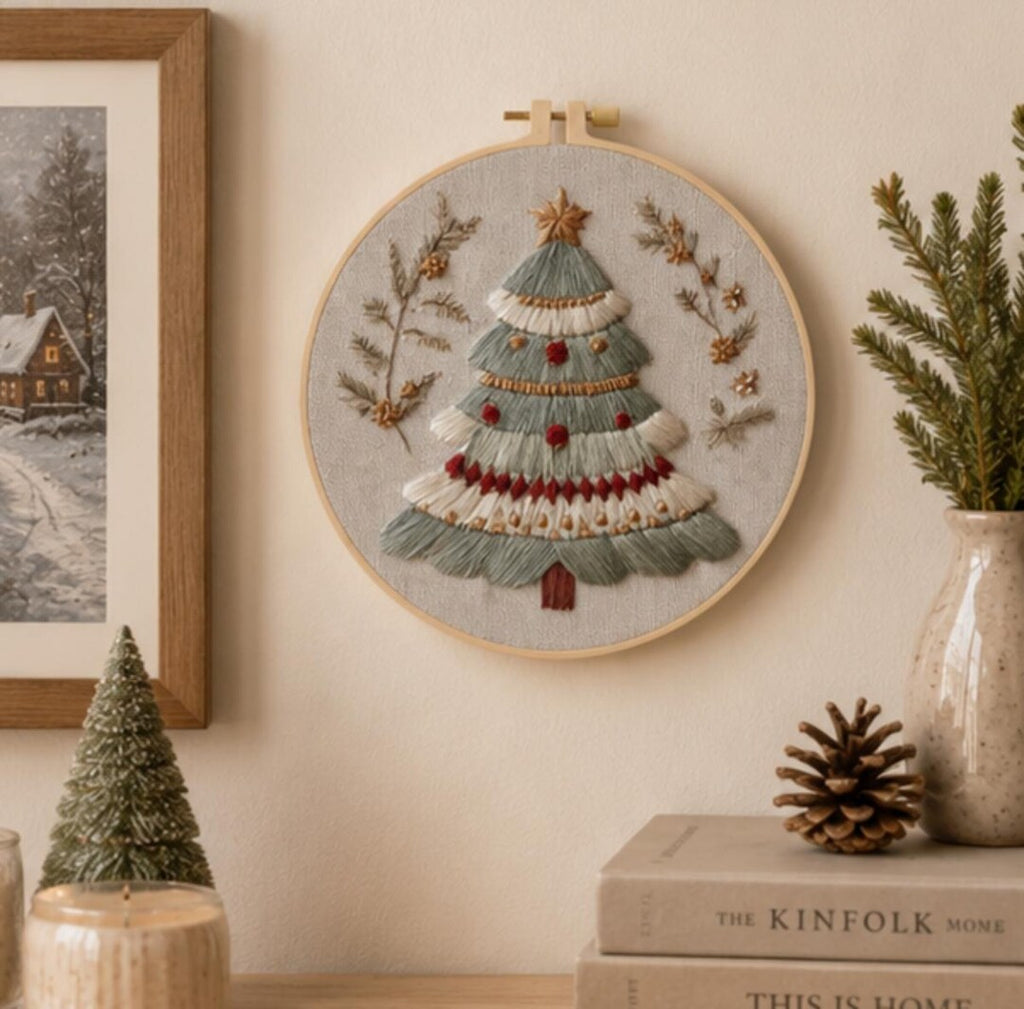 DIY Christmas Tree Embroidery Kit, Beginner Needlepoint Kit, Holiday Embroidery Pattern, Winter Wall