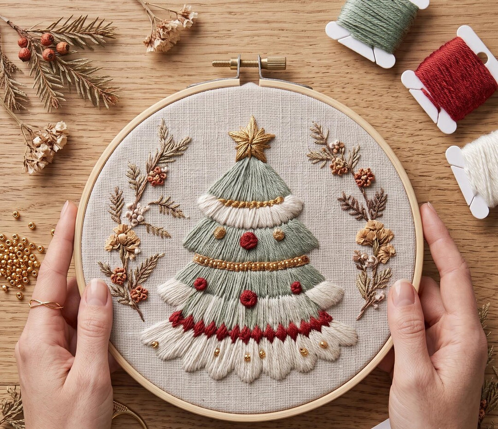 DIY Christmas Tree Embroidery Kit, Beginner Needlepoint Kit, Holiday Embroidery Pattern, Winter Wall