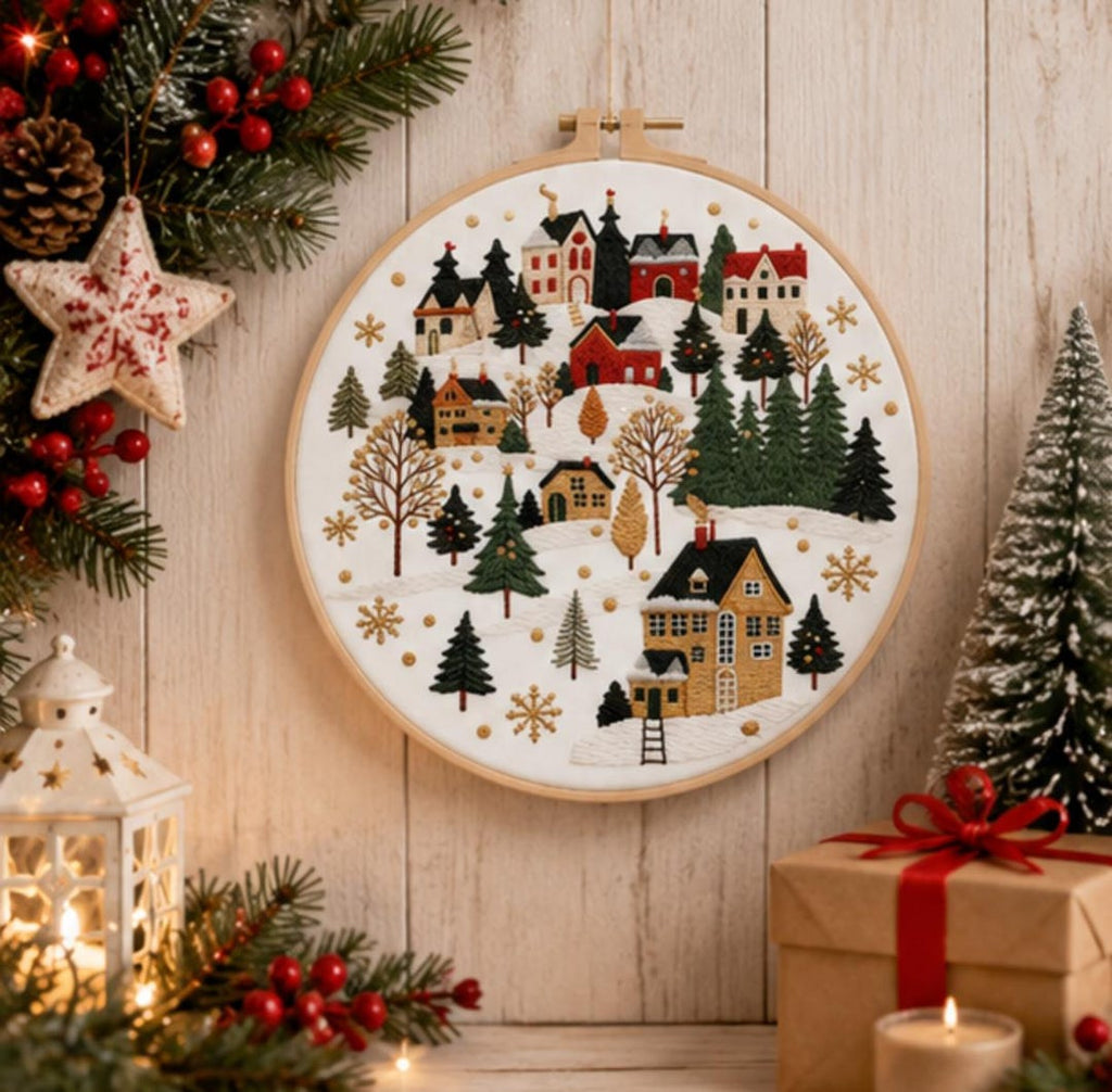 Winter Village Embroidery Kit for Beginners, DIY Embroidery Kit, Snowy Christmas Town Pattern, Holid